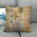 Detailed view of fox portrait linen pillowcase on sofa with retro wood grain pattern - Realistic Fox Portrait Style (10)