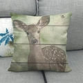 Detail of linen pillowcase with fawn on faux wood board print on gray sofa - Realistic Fawn Portrait Style (12)