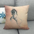 Macro detail of linen texture and artistic ink horse print on the square sofa pillowcase - 45x45cm / Black and White Ink Horse (9)