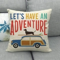 Linen cushion cover with adventure car and dog print on a gray sofa - Surfing Adventure Dachshund With Travel Car Style (8) / 18x18 Inch