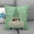 Detail view of linen Christmas pillow cover with festive tree and vintage car print - Light Green Snowflakes With Christmas Car Style (9) / 18x18 Inch
