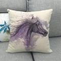 Detailed texture of linen cushion featuring a purple watercolor horse art on a sofa - 45x45cm / Purple Art Horse Head (16)