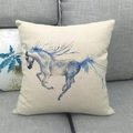 Detailed close-up of watercolor blue horse print on textured beige linen pillowcase - 45x45cm / Blue Vivid Running Horse (18)