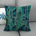 Art Deco square cushion cover with teal marble patterns and gold geometric lines - Emerald Green Cyan Marble Gold Lines