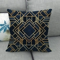 Art Deco style pillow case with golden geometric lines on navy blue linen fabric - Deep Blue Gold Art Deco Geometric Lines