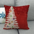 Red linen Christmas pillowcase with white snow tree pattern on a grey sofa - 18x18 Inch / Red Snow Covered Christmas Tree with Ornaments