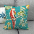 Macro detail of tropical linen pillow case featuring colorful parrot and floral patterns - Tropical Green Parrot Style (5)