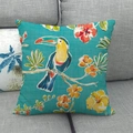 Detail of toucan and tropical floral print on textured linen cushion cover - Toucan Style (7)