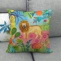 Detail of linen cushion cover featuring a colorful cartoon lion and jungle botanical print - Jungle Lion Style (8)