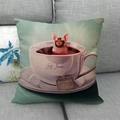 Artistic pig in tea cup print linen pillow cover on a grey fabric sofa - Pig in Teacup (13)