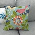 Close-up of bird and floral print pattern on square cotton linen throw pillow cover - Light Blue Flower Bird Style (14)