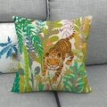 Detail of tropical tiger print on linen pillowcase showing textured fabric on gray sofa - Jungle Tiger Style (19)