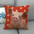 Linen pillowcase with red star pattern and oil painting style pig head print - Red Stars Pig (14)
