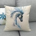 Linen sofa cushion cover featuring a watercolor blue wild horse art print - Blue Artistic Horse (1)
