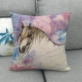 Artistic watercolor wild horse linen pillowcase with vibrant purple and blue dye on a sofa - Purple Artistic Horse (2)