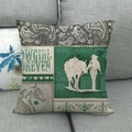 Linen cushion cover with green western cowgirl print and Paisley pattern on grey sofa - Cowgirl Leading Horse (1) / 45x45cm