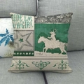 Western cowboy style linen throw pillow cover with green and beige patchwork pattern - Riding Cowgirl (3) / 45x45cm