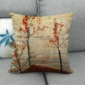 Detail of oil painting style autumn leaves printed on a linen square throw pillow cover - Late Autumn Red Branches Image (9)