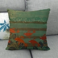 Detail of oil painting style fish cushion on sofa showing thick linen fabric texture - Dark Green Background Goldfish Grass (14)