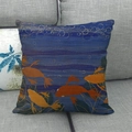 Detail of oil painting fish pattern on a linen throw pillow cover on a grey sofa - Deep Blue Mood Swimming Fish Bubbles (15)