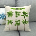 Detail of tropical palm tree prints on textured beige linen throw pillow on gray sofa - Six Tropical Plant Forms (2)