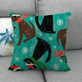 Federa per cuscino in lino con cani, slitte e fiocchi su sfondo verde - Stile Molteplici Animali Con Cappello Di Natale (4)