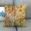 Autumn linen pillowcase featuring golden watercolor birch tree leaves on a gray sofa - 18x18 Inch / Watercolor Golden Birch Forest Style (8)