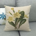 Detailed weave texture of linen cushion cover with yellow flower and green leaves - Yellow Primrose Pattern (Pattern 15) / 45x45cm