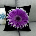 Detailed close-up of a square linen pillowcase with purple gerbera daisy on black background - 45x45cm / Purple Gerbera Style (5)