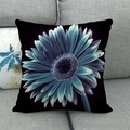 Detailed texture of black linen pillowcase featuring a large cyan gerbera daisy print - 45x45cm / Cyan Blue Gerbera Style (11)