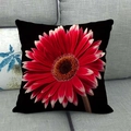 Macro detail of red gerbera daisy print on black linen pillow case on grey sofa - 45x45cm / Red Gerbera Close-up Style (13)