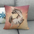Linen sofa cushion cover with artistic wild horse watercolor print in sunset tones - 45x45cm / Sunset Orange Running Horse (13)