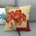 Vintage linen pillowcase featuring a botanical orange lily print on a grey sofa - 18x18 Inch / Orange Lily Vintage Collage Style (3)