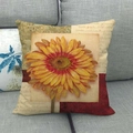 Detailed close-up of retro floral linen pillowcase featuring a yellow gerbera daisy print - 18x18 Inch / Yellow-Orange Gerbera Collage Style (4)