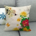 Linen square pillow cover with traditional Chinese chrysanthemum and calligraphy design - Chrysanthemum Calligraphy Style (1) / 18x18 Inch