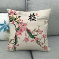 Linen blend plum blossom pillow cover on a gray sofa with traditional Chinese art - Plum Blossom Bird Style (3) / 18x18 Inch
