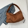 Bolso de hombro de nailon marrón de gran capacidad con cremalleras dobles y cordones - Marrón