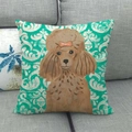 Fodera per cuscino in lino con barboncino marrone su motivo floreale geometrico verde acqua - 45x45 cm / Barboncino Marrone Sfondo Motivo Verde Lago (2)