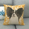 Fodera per cuscino decorativa in lino con cane Papillon ad acquerello su fondo geometrico - 45x45 cm / Papillon Sfondo Motivo a Volute Arancione (3)