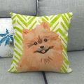Fodera per cuscino in lino con ritratto di cane Pomerania e motivo chevron verde - 45x45 cm / Volpino di Pomerania Sfondo Chevron Verde Lime (4)