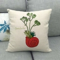 Kissenbezug aus Leinen mit grünem Sukkulenten-Motiv und handgezeichnetem Schnecken-Blumentopf - Roter Schneckentopf Sukkulenten Stil (2)