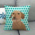 Close-up of geometric linen pillow cover with a brown terrier dog illustration on a sofa - 18x18 Inch / Terrier Light Blue Polka Dot Background (6)