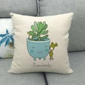 Detail of linen pillow cover with succulent illustration and cute cartoon characters - Blue Smiling Pot Anthropomorphic Succulents (6)