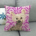 Close-up of linen pillow cover featuring vivid purple patterns and a Chinese Crested dog - 18x18 Inch / Chinese Crested Purple Baroque Background (9)