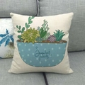 Detail of linen pillowcase with succulent plant illustration and soft fabric texture - Blue White Dot Pot Fresh Succulents (11)