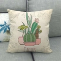 Close-up of linen fabric texture and cactus illustration on square throw pillow case - Fresh Succulent Cactus Combination (14)