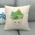 Linen cushion cover with green potted plants and cactus print on grey sofa - Q-style Succulent Cactus Smile (15)