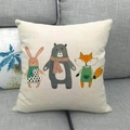 Linen square pillowcase featuring cartoon rabbit, bear, and fox print on a beige base - 18x18 Inch / Rabbit Bear Fox Combo Style (12)