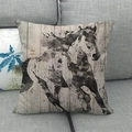 Square linen pillow cover featuring a black ink horse print on rustic wood grain background - Ink Wash Running Horse Art Style (17)