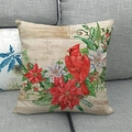 Square linen pillow cover with red cardinal and winter poinsettia flowers design - Vintage Wood Grain Cardinal Floral Illustration (12)